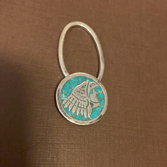 Vintage crushed turquoise inlay tribal key ring Mexico Taxco 925 - Picture 3 of 13